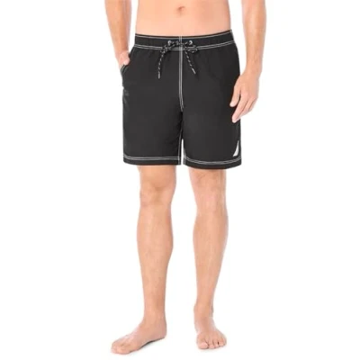 Image of Nautica Men&#039;s Solid Quick Dry Classic Logo Swim Trunk, True Black, X Large