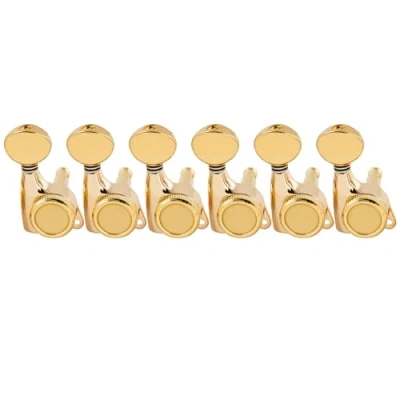 Image of Musiclily Pro 6 in line Guitar Locking Tuners Machine Heads 18:1 Ratio String Tuning Pegs Keys for Strat Tele Style Electric Guitar, Gold with Vintage Oval Button