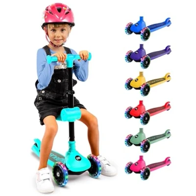 Image of SereneLife 3 Wheel Foldable Kids Scooter Seat, LED Lights, Adjustable Handlebar, Rear Foot Brake, Lean to Steer, Anti Slip Deck, for Toddlers 3+, up 110Lbs (Turquoise Blue)