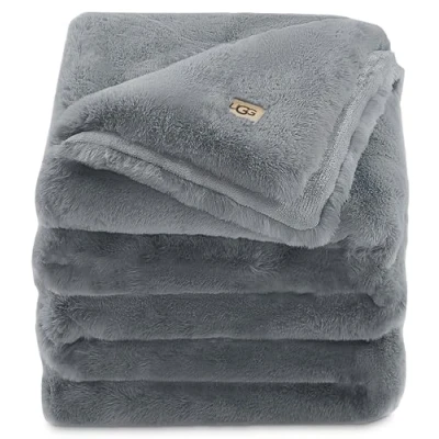 Image of UGG 11069 Euphoria Plush Faux Fur Reversible Throw Cozy Fuzzy Fluffy Blanket for Couch Bed Hotel Style Luxury Machine Washable Home Decor Luxurious Soft Throws Sofa, 70 x 50 inch, Chambray