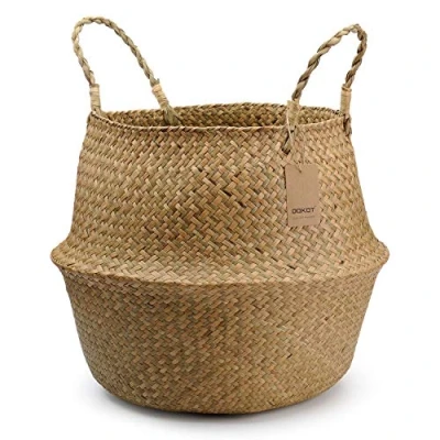 Image of DOKOT Natural Seagrass Storage Basket Woven Plant Pot Laundry With Handle, Foldable Belly Toys (Natural)