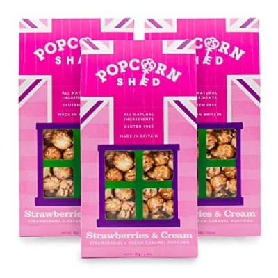 Image of Popcorn Shed Strawberries &amp; Cream Gourmet Sheds, 3 x 80g Gift Boxes, Gluten Free, Natural, Vegetarian Movie Night Snack, Pink