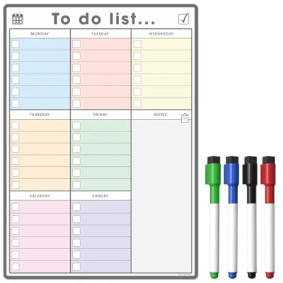 Image of TMS A4 Magnetic to Do List and Weekly Planner Organise Your Chores, Housework, Office Business Tasks with Our Dry Wipe Boards! Comes 4 Erase Pens (Colour Style 1, A4)
