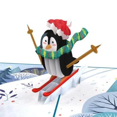 Image of papercrush® Pop Up Christmas Skiing Penguin Card Funny 3D Greeting for Kids (Boy &amp; Girl) and Women, Gift, December Birthday Girls, Boys, Girlfriend Boyfriend