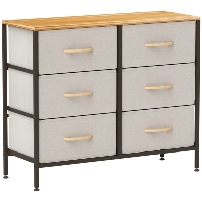 Image of HOMCOM Fabric Chest of Drawers, Industrial Storage Bedroom Dresser with 6 Steel Frame and Wooden Top for Nursery, Living Room, Hallway, Cream White