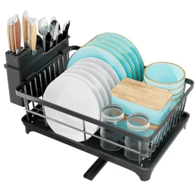 Image of TidyIsles Dish Drainer Rack Space Saving with Utensil Holder, for Kitchen Counter, Sink Drain Board Rack, Black