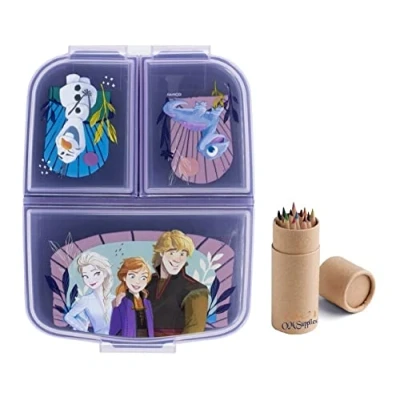Image of OM SUPPLIES Frozen Reusable Sandwich Lunch Box 3 Multi Compartment Kids Children School Includes Half Size 12pcs Pencil Set (Frozen)