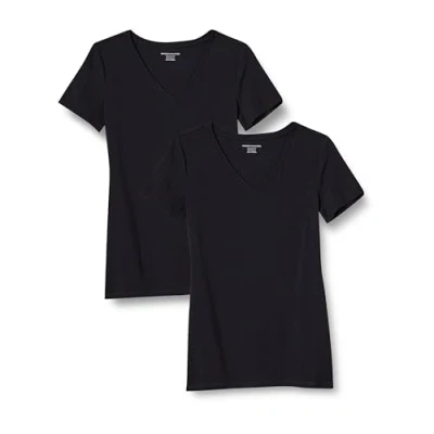 Image of Amazon Essentials Women&#039;s Classic Fit Short Sleeve V Neck T Shirt, Pack of 2, Black, XXL