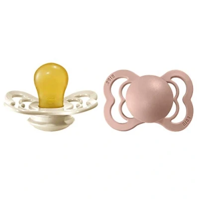 Image of BIBS Supreme Soother 2 Pack, BPA Free Dummy Pacifier, Symmetrical Nipple. Natural Rubber Latex, Size 1 (0 6 Months), Ivory/Blush
