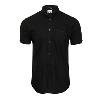 Image of Ben Sherman Men&#039;s Button Down Collar Oxford Shirt, Short Sleeved, Regular Fit (Black (Embroidered Pocket Logo)) M
