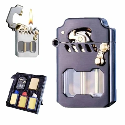 Image of Mecha Metal Rocker Lighter,Retro Transparent Oil Tank Kerosene Windproof Lighter,Mecha Lighter (Black)