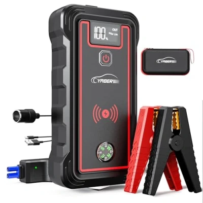 Image of YABER Jump Starter Power Pack 6000A Peak,Car Battery Booster for All Gas/8.0L Diesel,Jump with 10W Wireless Charger,LED Flashlight,USB C Port,Digital Screen,Compass,Safety Hammer
