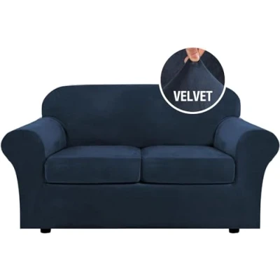 Image of LINGKY Velvet Sofa Covers 2 Seater with Separate Seat Cushion Covers, Stretch Slipcover Replacement Furniture Protector (Navy,2 Seater(122 172cm))