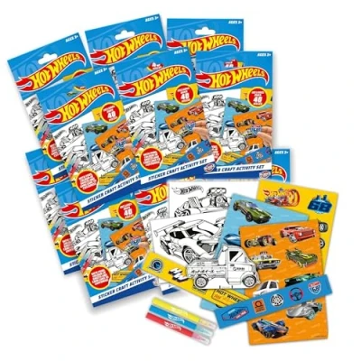 Image of Hot Wheels by Bladez Toyz Sticker Craft Activity Set 12 Pack Hotwheels Creative Fun with Stickers &amp; Colouring for Children Mini Card Scene Pens Kids Party Bags