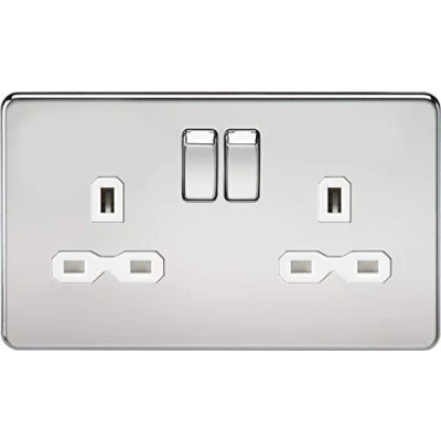 Image of KnightsBridge 13A 2G DP Screwless Polished Chrome 230V UK 3 Pin Switched Electric Wall Socket White Insert