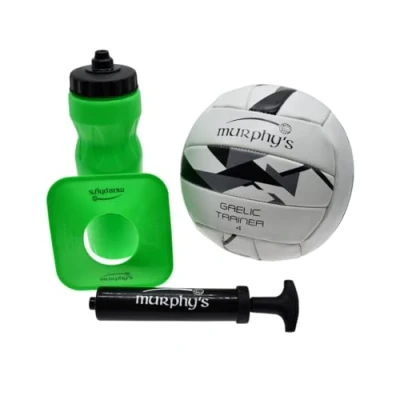 Image of Murphy&#039;s Gaelic Football Trainer Set, Size 4 Ball, Kicking Tee, Water Bottle, Pump and Mesh Bag, Training Equipment Gift, Green/White/Black