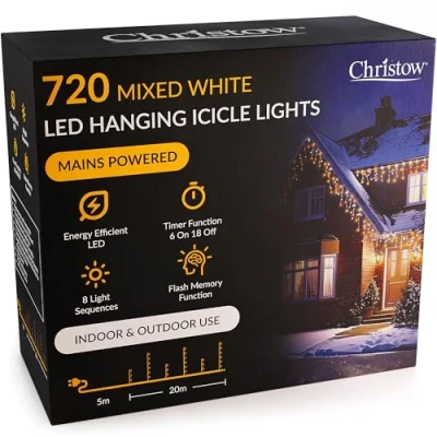 Image of CHRISTOW Hanging Icicle Christmas Lights, 720 White &amp; Warm LED, 20m Lit Length, Indoor Outdoor, Mains Powered with Timer, 8 Flash Lighting Modes Memory, Fairy String Light Decorations