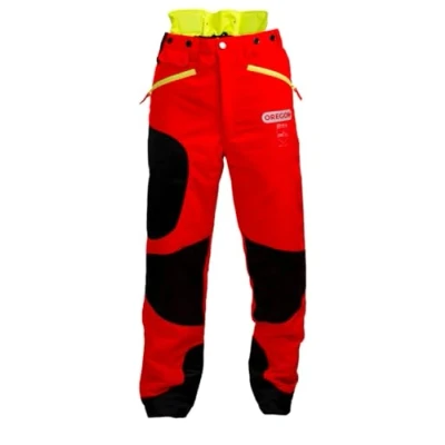Image of Oregon Waipoua Chainsaw Protective Safety Trousers,Type A Class 1 Protection,Adjustable Lightweight Breathable Re enforced Clothing,Size 3XL / EU 62 64Hi Vis Red/Yellow/Black (295469/3XL)