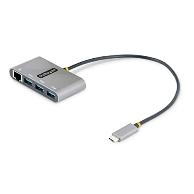 Image of StarTech.com 3 Port USB C Hub with Ethernet 3x A Gigabit 3.0 5Gbps Bus Powered 1ft/30cm Long Type Host Cable GbE Portable to Splitter (HB30C3A1GEA2), Space Gray