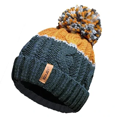 Image of RockJock Unisex Mens Ladies Warm Winter Chunky Colour Block Ski Bobble Pompom Hat with Cosy Thermal Teddy Fleece Liner Teal/Mustard