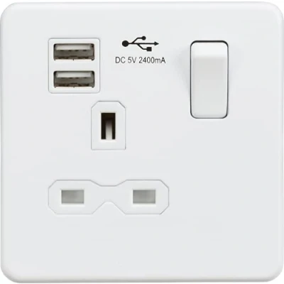 Image of KnightsBridge Screwless 13A 1G switched socket with dual USB charger (2.4A) matt white