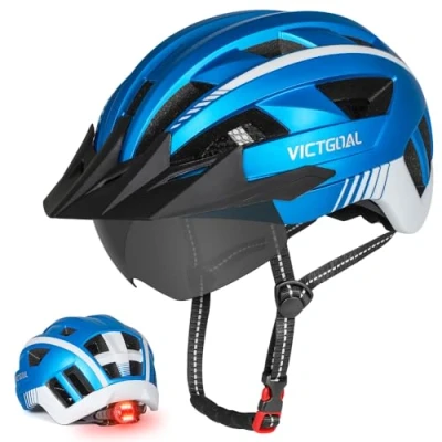 Image of Victgoal Bike Helmet for Men Women with Led Light Detachable Magnetic Goggles Visor Mountain &amp; Road Bicycle Helmets Adjustable Size Adult Cycling (L: 22.4 24 inch (57 61 cm), Metal Blue)