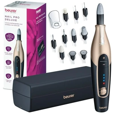 Image of Beurer MP 84 Special Edition Manicure Pedicure Set Electric Nail File with Battery 10 Tips LED Light Storage Case up to 4400 RPM Cutter for Hand and Foot Care Black