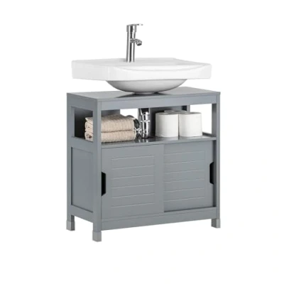 Image of SoBuy FRG128 SG, Under Sink Cabinet Bathroom Storage with Double Sliding Doors, Grey