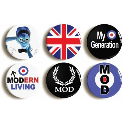 Image of 6 x&quot;MOD RETRO 1960s SIXTIES&quot; BADGES PINS BUTTONS (1inch/25mm diameter)