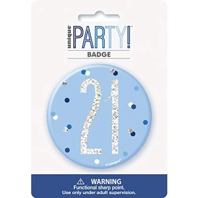 Image of Unique 83519 Blue Round Prismatic 21st Birthday Badge 1 Pc, Age 21