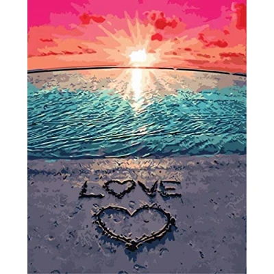 Image of Awesocrafts Number Painting Kits, Love Sign on Beach, Sunset Ocean Paint by 16x20 inches for Adults and Kids (Beach, No Frame)