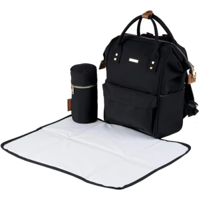 Image of BabaBing! Mani Baby Changing Bag Large Backpack with Adjustable Shoulder Straps Multifunction Detachable Mat &amp; Insulated Bottle Holder Weatherproof, Black/Brown