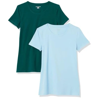 Image of Amazon Essentials Women&#039;s Classic Fit Short Sleeve Crewneck T Shirt, Pack of 2, Dark Green/Powder Blue, XL