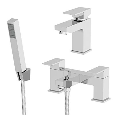 Image of Architeckt® Ibbardo Bathroom Bath Shower Mixer Tap and Basin Set Deck Mounted Square Twin Lever Handle Modern, Chrome