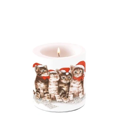 Image of Ambiente Christmas Candle Singing Cats 3&quot; Pillar 8cm Tall