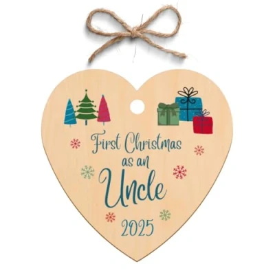 Image of Second Ave First Christmas as an Uncle Wooden Hanging Heart Xmas Tree Decoration Bauble