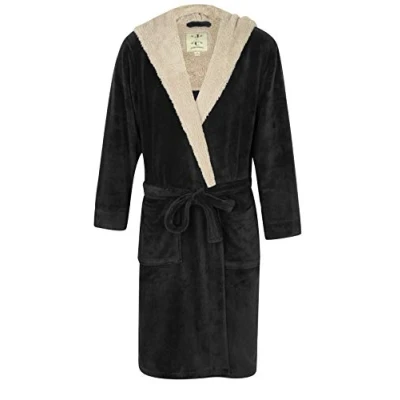 Image of John Christian Men&#039;s Warm Hooded Fleece Dressing Gown, Black with Light Grey (XL)