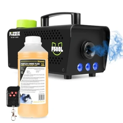 Image of Fuzzix F503L Smoke Machine with Built in RGB LED Lights, Wireless Remote Control and 1L Orange Fog Fluid for Halloween House Party