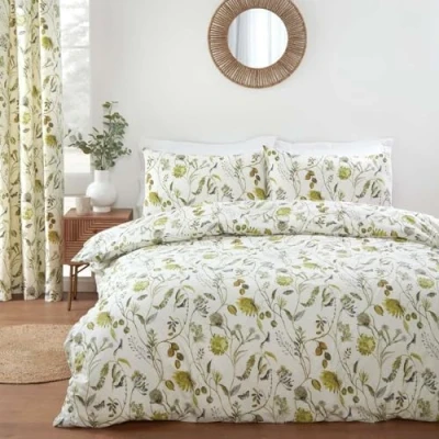 Image of Prestigious Textiles Sundour Grove Stunning Floral &amp; Butterfly Design Duvet Cover Set in Fennel Green on a Natural Background Double Bed