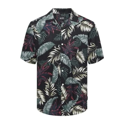 Image of ONLY &amp; SONS Men&#039;s ONSWAYNE Life AOP SS Viscose Shirt NOOS Short Sleeve, Black, S