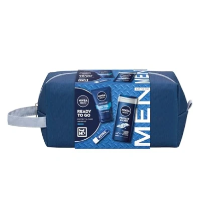 Image of NIVEA MEN Ready to Go Gift Set (4 Products), Men&#039;s Grooming with Shower Gel, Face Wash, and Lip Balm Plus Practical Washbag