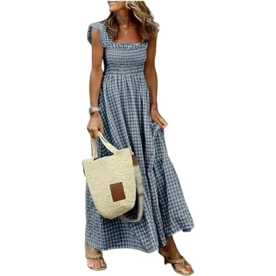 Image of Mousegirl New Multi Plaid Smocked Bust Maxi Dress, Women&#039;s Summer Retro Spaghetti Strap Square Neck Flounce Long Dress (Black,Medium)