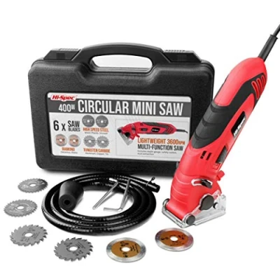 Image of Hi Spec 11pc 400W Corded Compact Electric Saw, Circular Saws for Power Sawing &amp; Cutting in Wood, MDF, Plastic, Drywall, Tiles, Ceramics Metals. 54.8mm Blade Saw a Carry Case