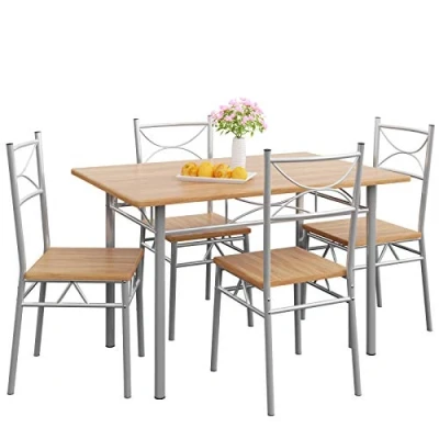 Image of CASARIA® 5 Pcs Dining Table and 4 Chairs Small Kitchen Furniture Set Compact Modern Contemporary Rectangular Breakfast Lunch Dinner Beech &amp; Silver