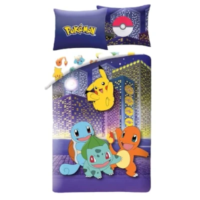 Image of Pokemon City Reversible Bedding Set, Duvet Cover 140 x 200 cm and Pillowcase, 100% Polyester