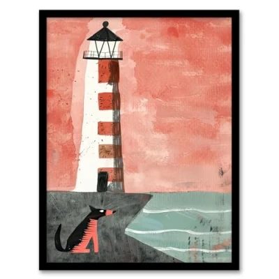 Image of Artery8 Lighthouse Guard Dog Lover Pastel Colour Painting Living Room Artwork Framed Wall Art Print 18X24 Inch