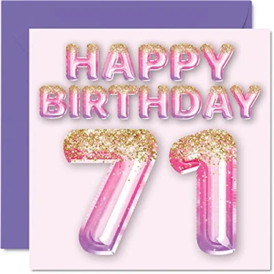 Image of 71st Birthday Card for Women Pink &amp; Purple Glitter Balloons Happy Cards 71 Year Old Woman Mum Great Nanny Grandma Gran, 145mm x Seventy One First Greeting Gift
