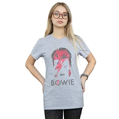 Image of David Bowie Women&#039;s Aladdin Sane Distressed Boyfriend Fit T Shirt Sport Grey Small