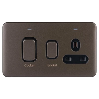 Image of Schneider Electric Lisse Screwless Deco Switched Cooker Control Unit with 13A Single Power Socket, Neon Indicator, 45A, GGBL4001BMB, Mocha Bronze Black Insert