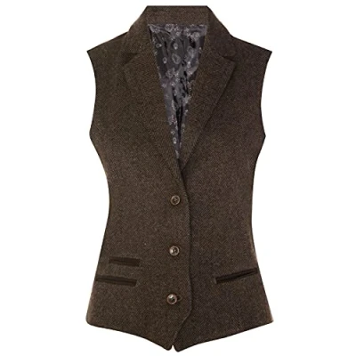 Image of Tru Clothing Womens Tweed Herringbone Brown Waistcoat Wool 1920s Formal Vintage Tailored Vest S